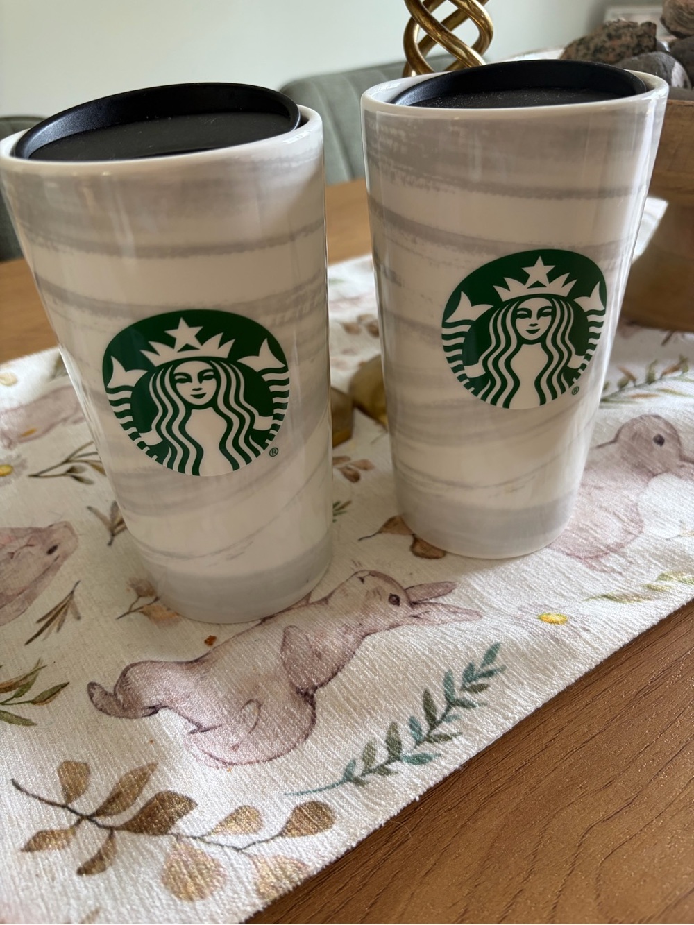 Starbucks Gray & White Marble Ceramic Travel Tumblers with Green Logo - Pair